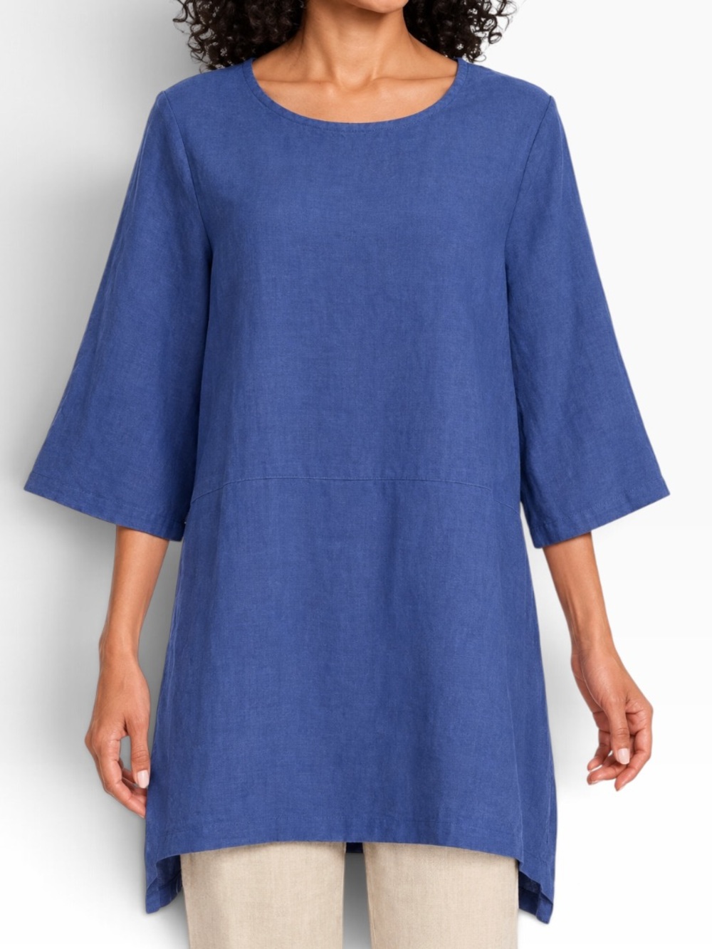 Brynn Walker "Bre" Blue Cross Dyed Linen 3/4 Sleeve Scoop Neck Tunic Top XS